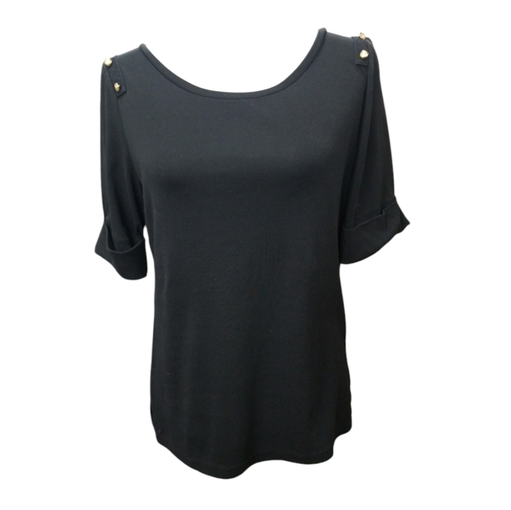 Lauren Ralph Lauren Top Button Shoulder Black Crew Neck XL Fits M-L